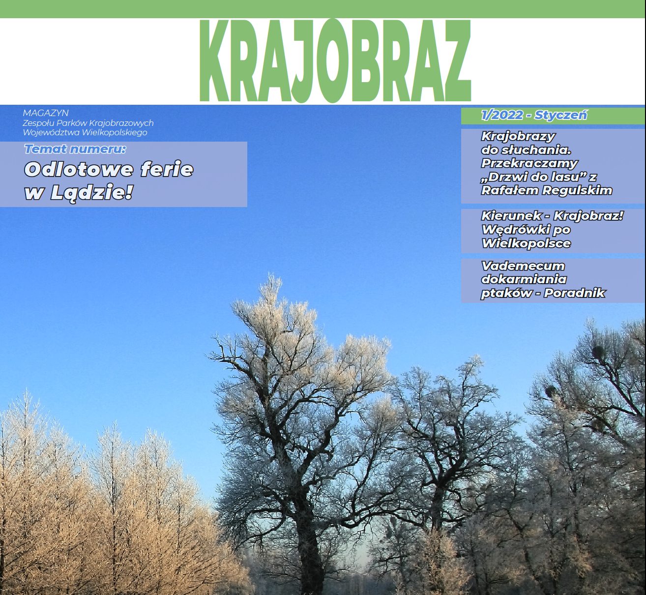 Okładka magazynu, tytuł KRJAOBRAZ, drzewo i trzciny białe od szronu.