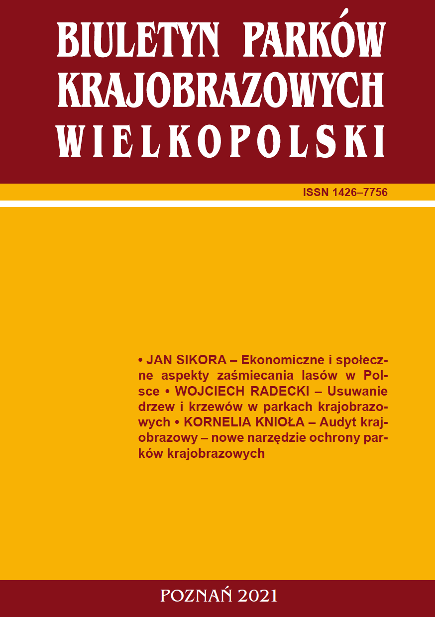 Okładka. Tytuł brzmi biuletyn parków krajobrazowych wielkopolski, nr ISSN 14267756 . Poniżej wymienione zostały wiodące artykuły numeru: • JAN SIKORA – Ekonomiczne i społeczne aspekty zaśmiecania lasów w Polsce • WOJCIECH RADECKI – Usuwanie drzew i krzewów w parkach krajobrazowych • KORNELIA KNIOŁA – Audyt krajobrazowy – nowe narzędzie ochrony parków krajobrazowych